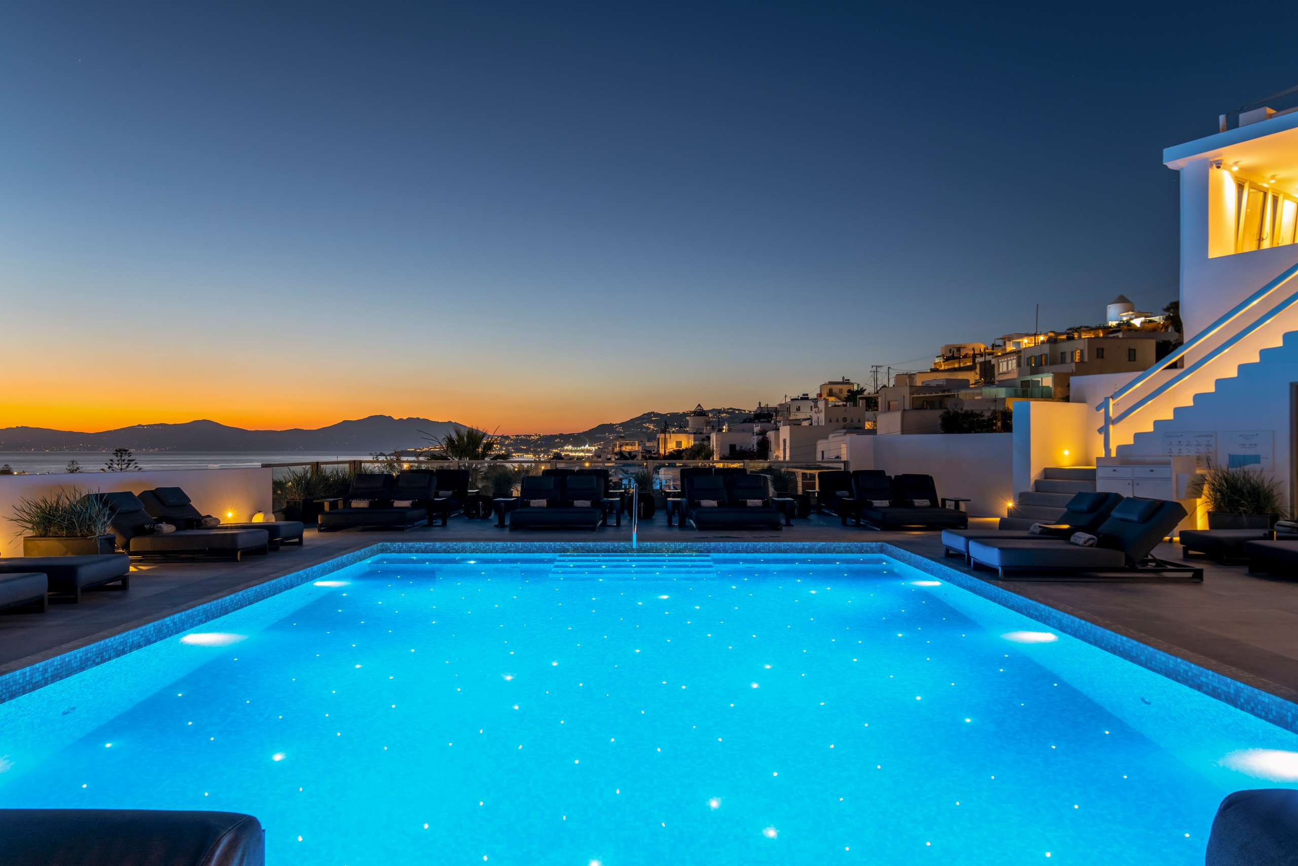 Hotel Rochari Mykonos pool by the sunset